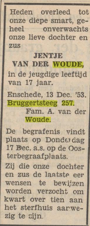 Bruggertsteeg 257 A. van der Woude advertentie Tubantia 14-12-1953.jpg
