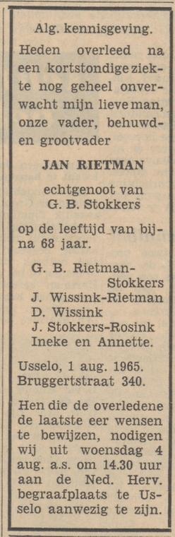 Bruggertstraat 340 Usselo Jan Rietman overlijdensadvertentie Tubantia 2-8-1965.jpg