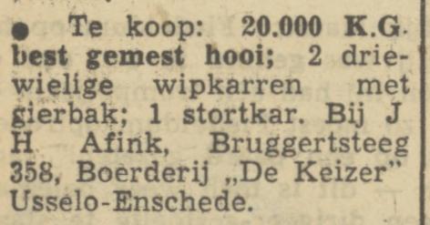 Bruggertsteeg 358 Usselo boerderij De Keizer J.H. Afink advertentie Tubantia 2-2-1950.jpg