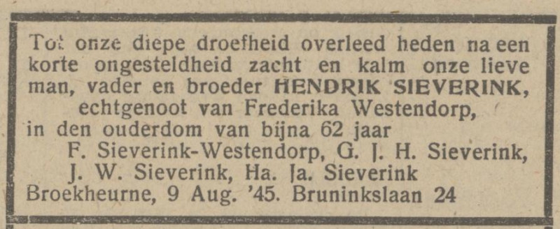 Bruninkslaan 24 Hendrik Sieverink overlijdensadvertentie Het Parool 11-8-1945.jpg