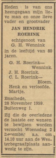 Buitenweg 1 J.H. Roerink overlijdensadvertentie Tubantia 30-11-1959.jpg