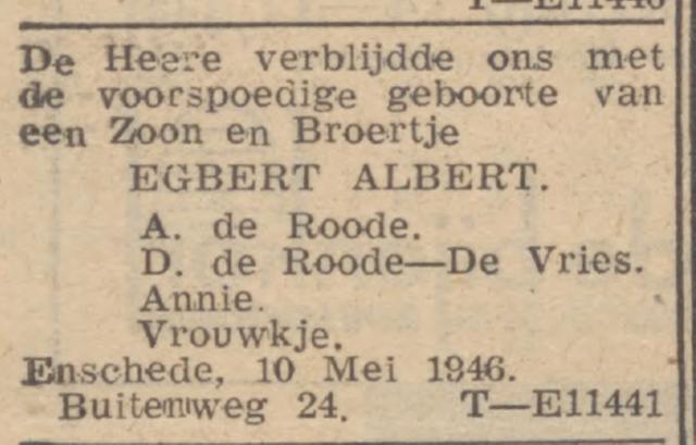 Buitenweg 24 A. de Roode advertentie Trouw 14-5-1946.jpg