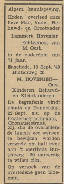 Buitenweg 20 Lammert Hovenier overlijdensadvertentie Tubantia 19-9-1949.jpg
