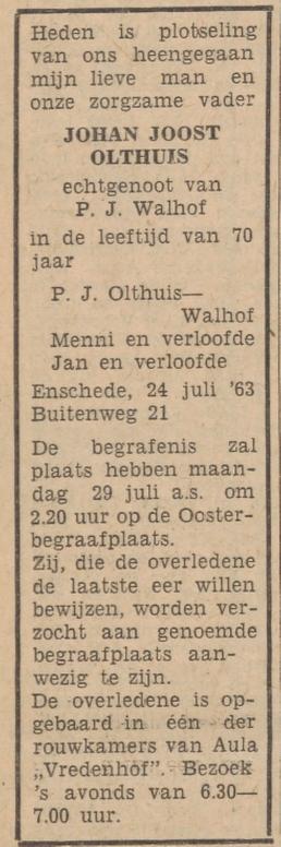Buitenweg 21 J.J. Olthuis overlijdensadvertentie Tubantia 25-7-1963.jpg