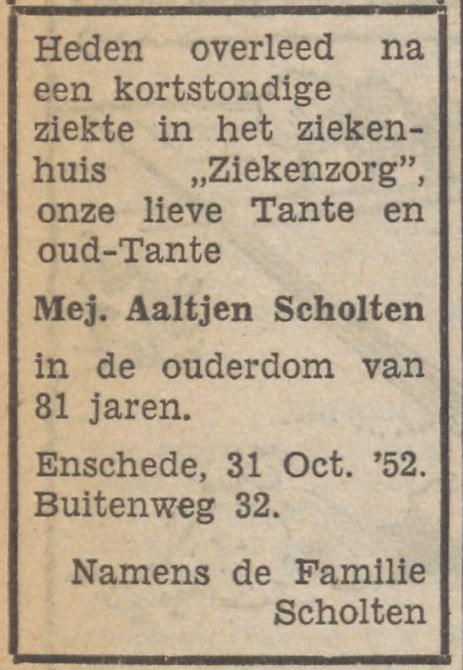 Buitenweg 32 Mej. Aaltjen Scholten overlijdensadvertentie Tubantia 1-11-1952.jpg
