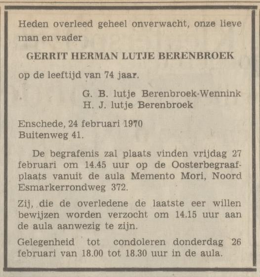 Buitenweg 41 G.H. Lutje Berenbroek overlijdensadvertentie Tubantia 26-2-1970.jpg