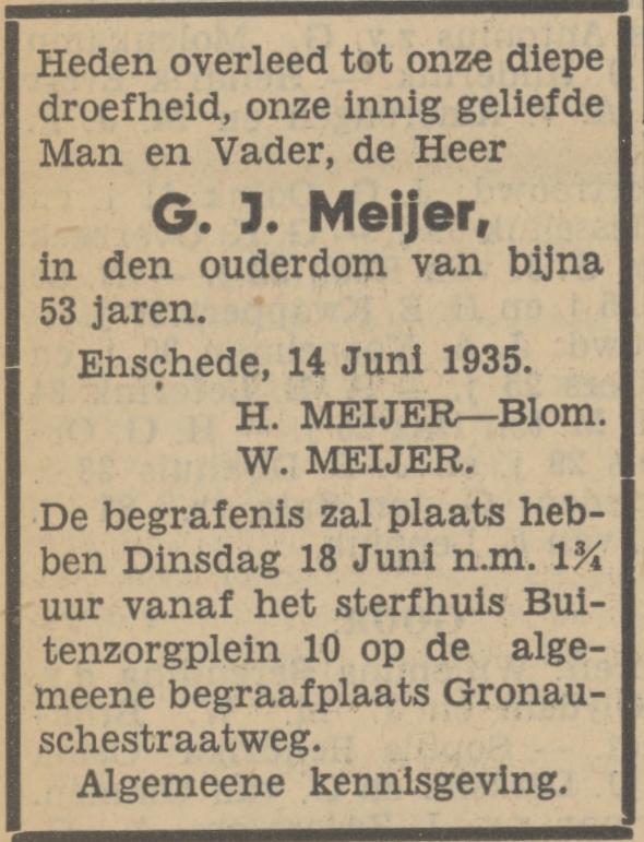 Buitenzorgplein 10 G.J. Meijer overlijdensadvertentie Tubantia 015-6-1935.jpg