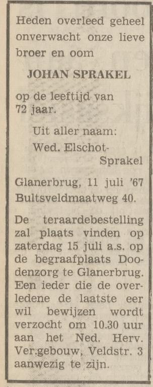 Bultsveldmaatweg 40 Johan Sprakel overlijdensadvertentie Tubantia 13-7-1967.jpg
