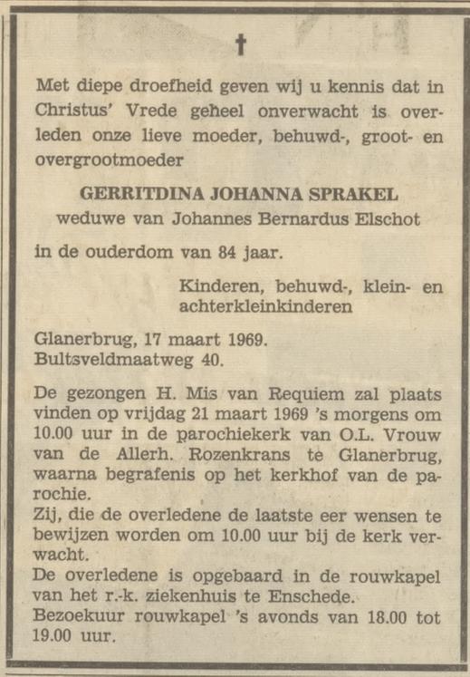 Bultsveldmaatweg 40 Wed. G.J. Elschot-Sprakel overlijdensadvertentie Tubantia 19-3-1969.jpg