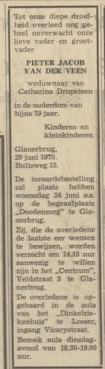 Bultsweg 15 P.J. van der Veen overlijdensadvertentie Tubantia 22-6-1970.jpg