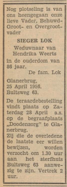 Bultsweg 63 Sieger Lok overlijdensadvertentie Tubantia 26-4-1956.jpg
