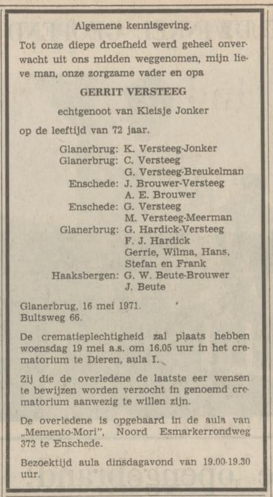 Bultsweg 66 Gerrit Versteeg overlijdensadvertentie Tubantia 17-5-1971.jpg