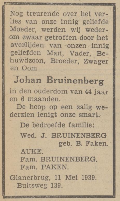 Bultsweg 139 Johan Bruinenberg overlijdensadvertentie Tubantia 12-5-1939.jpg