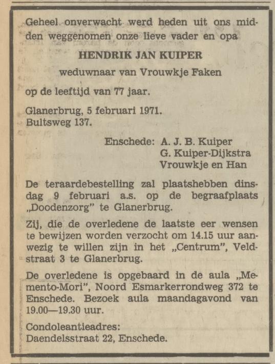 Bultsweg 137 H.J. Kuiper overlijdensadvertentie Tubantia 6-2-1971.jpg