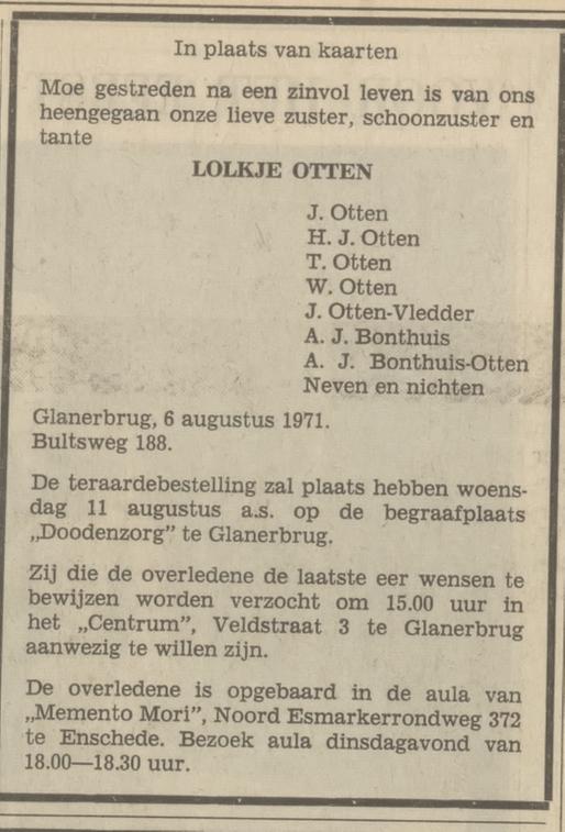 Bultsweg 188 Lolkje Otten overlijdensadvertentie Tubantia 9-8-1971.jpg