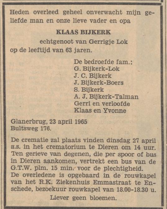 Bultsweg 176 Klaas Bijkerk overlijdensadvertentie Tubantia 24-4-1965.jpg