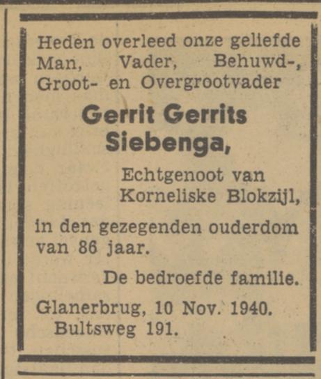 Bultsweg 191 G.G. Siebenga overlijdensadvertentie Tubantia 11-11-1940.jpg