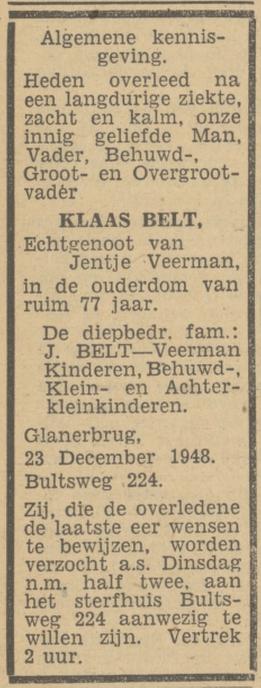 Bultweg 224 Klaas Belt overlijdensadvertentie Tubantia 27-12-1948.jpg