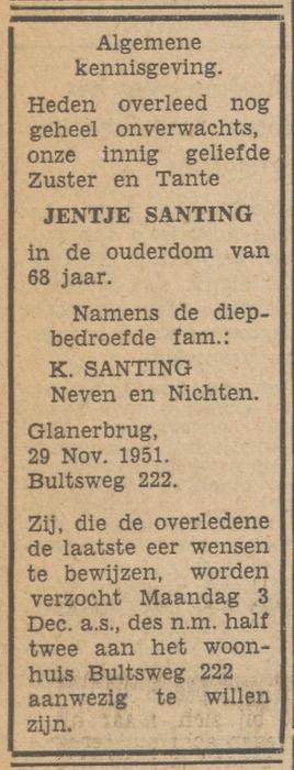 Bultsweg 222 Jeltje Santing overlijdensadvertentie Tubantia 30-11-1951.jpg