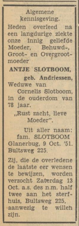 Bultsweg 225 Antje Slotboom-Andriessen overlijdensadvertentie Tubantia 10-10-1951.jpg