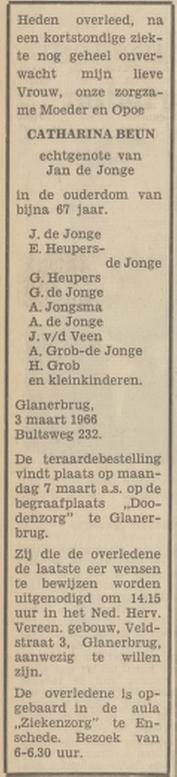 Bultsweg 232 Catharina de Jonge-Beun overlijdensadvertentie Tubantia 5-3-1966.jpg