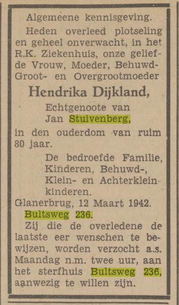 Bultsweg 236 Hendrika Stuivenberg-Dijkland overlijdensadvertentie Tubantia 14-3-1942.jpg