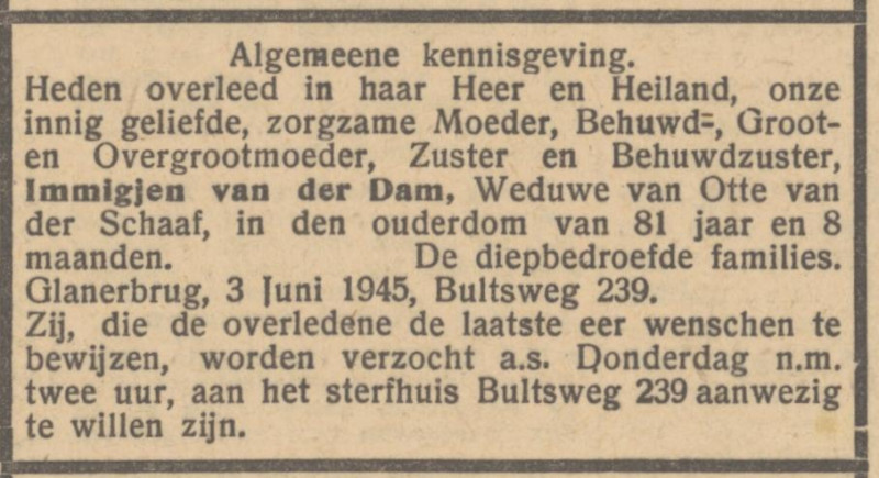 Bultsweg 239 Immigje van der Schaaf-van der Dam overlijdensadvertentie Het Parool 5-6-1945.jpg