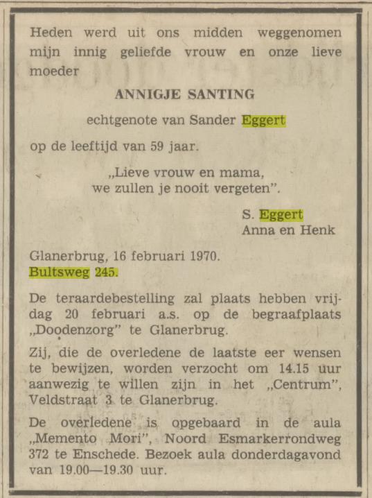 Bultsweg 245 Annigje Eggert-Santing overlijdensadvertentie Tubantia 17-2-1970.jpg