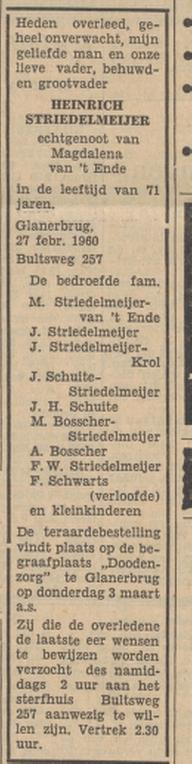 Bultsweg 257 Heinrich Striedelmeijer overlijdensadvertentie Tubantia 29-2-1960.jpg
