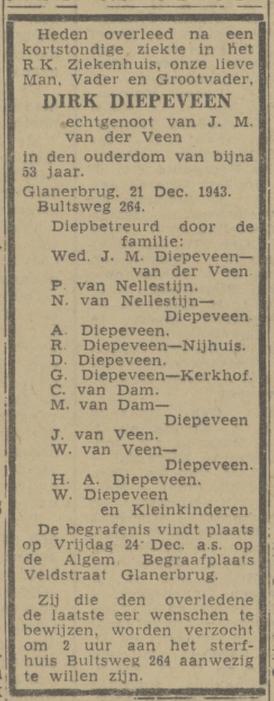 Bultsweg 264 Dirk Diepeveen overlijdensadvertentie Twentsch nieuwsblad 22-12-1943.jpg