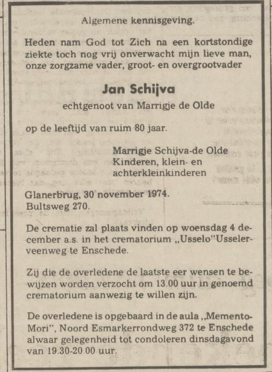 Bultsweg 270 Jan Schijva overlijdensadvertentie Tubantia 2-12-1970.jpg