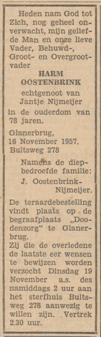 Bultsweg 278 Harm Oostenbrink overlijdensadvertentie Tubantia 18-11-1957.jpg