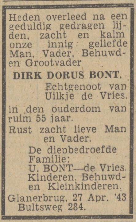 Bultsweg 284 Dirk Dorus Bont overlijdensadvertentie Tubantia 28-4-1943.jpg