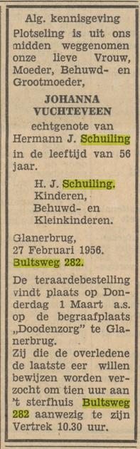Bultsweg 282 J. Schuiling -Vugteveen overlijdensadvertentie Tubantia 28-2-1956.jpg