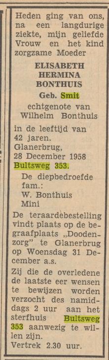 Bultsweg 353 E.H. Bonthuis-Smit overlijdensadvertentie Tubantia 29-12-1958.jpg