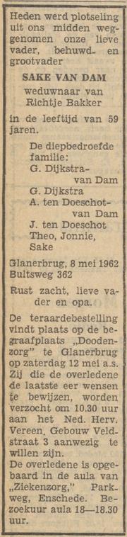 Bultsweg 362 Sake van Dam overlijdensadvertentie Tubantia 9-5-1962.jpg