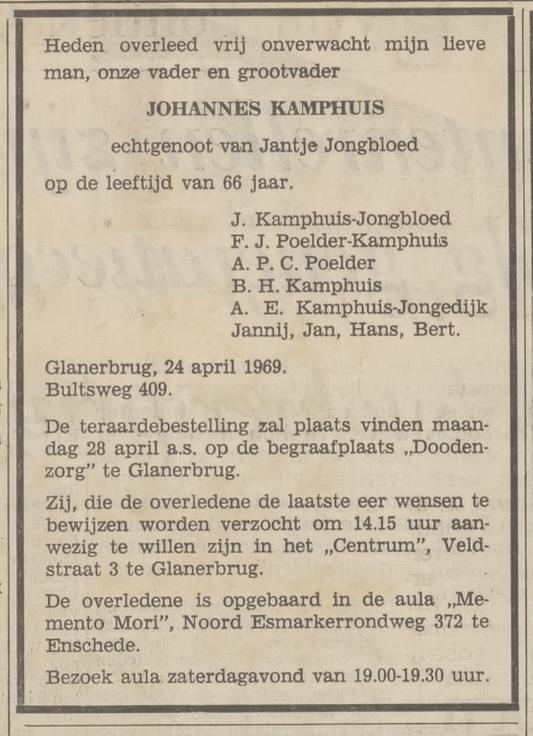 Bultsweg 409 Johannes Kamphuis overlijdensadvertentie Tubantia 25-4-1969.jpg