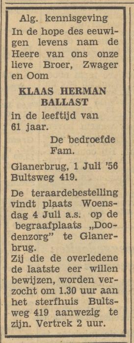 Bultsweg 419 K.H. Ballast overlijdensadvertentie Tubantia 2-7-1956.jpg