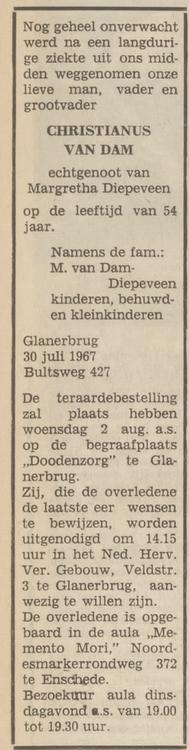 Bultsweg 427 Christianus van Dam overlijdensadvertentie Tubantia 31-7-1967.jpg