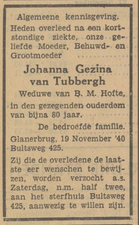 Bultsweg 425 Wed. J.G. Hofte-van Tubbergh overlijdensadvertentie Tubantia 21-11-1940.jpg
