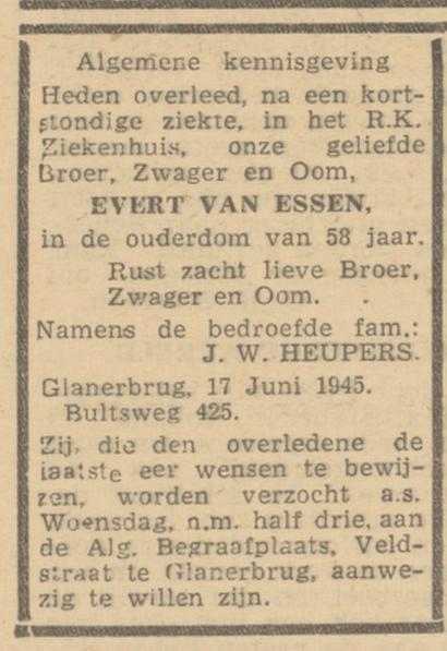 Bultsweg 425 E. van Essen overlijdensadvertentie De Waarheid 19-6-1945.jpg