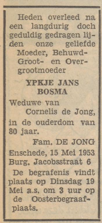 Burgemeester Jacobsstraat 6 Wed. Y.J. de Jong-Bosma overlijdensadvertentie Tubantia 16-5-1953.jpg