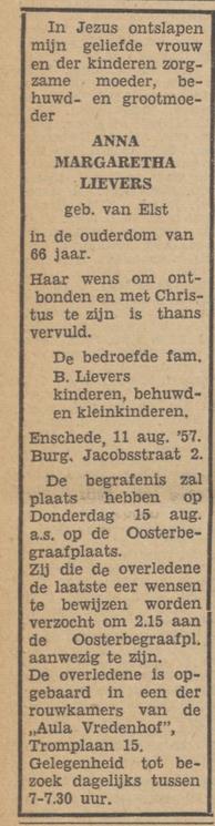 Burgemeester Jacobsstraat 2 A.M. Lievers-van Elst overlijdensadvertentie Tubantia 12-8-1957.jpg