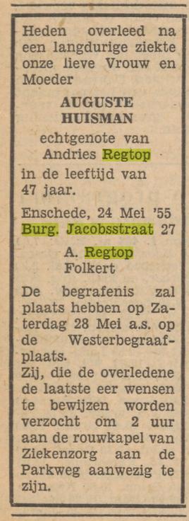 Burgemeester Jacobsstraat 27 A. Regtop-Huisman overlijdensadvertentie Tubantia 25-5-1955.jpg