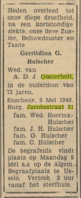 Burgemeester Jacobsstraat 31 G.G. Oosterholt-Hulscher overlijdensadvertentie Tubantia 6-3-1949.jpg