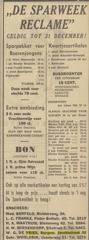 Burgemeester Jacobsstraat 32 Spar winkel W.G. de Vries advertentie Tubantia 22-12-1937.jpg