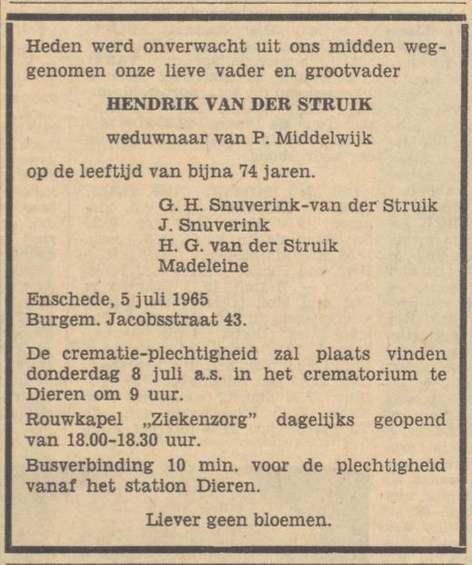 Burgemeester Jacobsstraat 43 Hendrik van der Struik overlijdensadvertentie Tubantia 6-7-1965.jpg