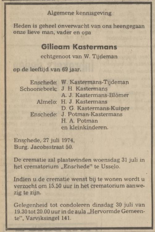 Burgemeester Jacobsstraat 50 G. Kastermans overlijdensadvertentie Tubantia 29-7-1974.jpg
