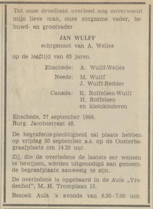 Burgemeester Jacobsstraat 48 Jan Wulff overlijdensadvertentie Tubantia 28-9-1966.jpg