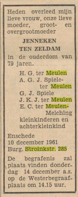 Burgemeester Stroinkstraat 285 Jenneken ter Meulen-ten Zeldman overlijdensadvertentie Tubantia 12-12-1961.jpg
